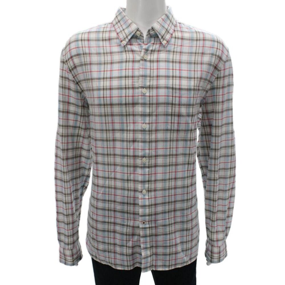 John Varvatos Star USA Mens Cotton Plaid Button Up Shirt White Size XL
